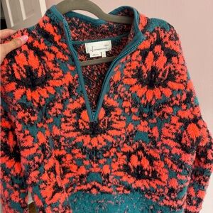 Anthropologie Teal, Coral & Black Fuzzy Quarter-Zip Sweater